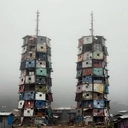 two towers, made up of makeshift squatter shacks with faded colours, uneven dense fog, dystopia, mamiya, f 1 1, fully frontal view, photographed by jeanette hagglund
