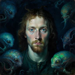 a close - up view of renaissance portrait of a man underwater surrounded by alien sea creatures. deep blue and green tones. night time. gloomy dark black background. highly detailed fantasy science fiction portrait painting by norman rockwell, moebius, frank frazetta, and syd mead. rich colors, high contrast. artstation