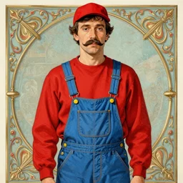 a portrait of a man with a mustache wearing a long - sleeved red shirt, a pair of blue overalls with yellow buttons, and a red cap, art by mœbius, digital illustration, ornate details,
