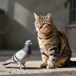 cat drawing a pigeon, realistic, real life