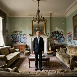 an estate agent photo of a stately home living room, graffiti on walls, run down, vandalised with graffiti, 1 9 2 0