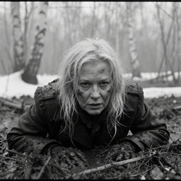 1 9 6 0 s movie still close - up of a dirty elder blonde woman crawling in a swamp with birch forest, snow, cinestill 8 0 0 t 3 5 mm b & w, heavy grain, high quality, high detail, mud, foggy, by tarkovsky
