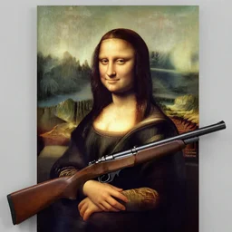 Mona Lisa painting holding a mossberg shotgun. Photoreal
