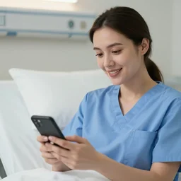 a very beautiful female doctor in scrubs, looking at her phone, smiling, close up, laying on bed, hospital room, by greg rutkowski, trending on artstation