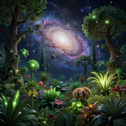 galaxy of plants and trees , magical universe, parallel universe, realistic, highly detailed ,glowing effect, illustration,