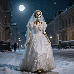 skeleton in a wedding dress walking through a city at night. full moon. hyper detailed. soviet propaganda. socialist realism. beautiful and eerie. it is snowing