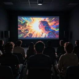 people sitting in a dark room watching television, silhouettes of people