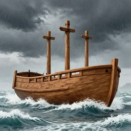 ark encounter bibilical noah's huge wooden ark boat kentuky ark encounter on huge stormy turbulent waves seas dark clouds and rain, limited neutral palette, by pascal campion, petros afshar, anton fadeev, dean ellis, randolph stanley hewton, beautiful graphic, propaganda poster art 1 9 7 0 s illustrated advertising art, painterly design