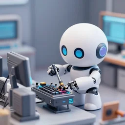 photo of figma figures in a diorama : : roll is repairing computers in dr. light's laboratory. roll is a cute female ball - jointed robot ( in the style of mega man ) who has blonde hair with bangs and a ponytail tied with a green ribbon. she is wearing a red one - piece dress with a white collar, and red boots.