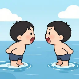 twins shouting across the sea, cartoon style