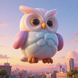 elaborate, giant, massive, detailed, 3 d, pastel, blowup balloon owl with eyes and mouth, twisting geometry, floating in a 3 d painted, sunset sky, cinematic, 3 d designed city, 4 k by'eva cremers'and'lesley barnes'and'jordan coelho'and wes anderson