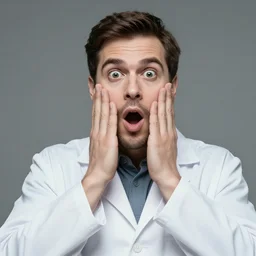 shocked insect headed man wearing white lab coat