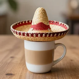 ( coffee mug ) with a [ mexican sombrero ] on top, photograph,