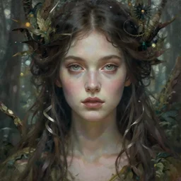 portrait of a beautiful forest goddess, graceful beauty, esoteric, muted colors, head in focus, fantasy art, nature aesthetics, intricate, elegant, highly detailed hyperrealistic painting, artstation, concept art, painterly, sharp focus, illustration, art by hans jokem bakker