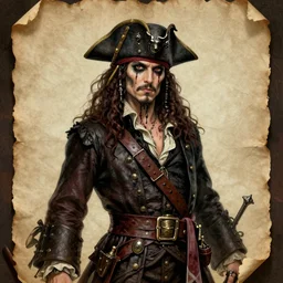 Drawing of Male Victorian Gothic Pirate on vintage parchment paper, hd, intricate, bloodborne, 8k, digital art