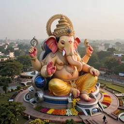 beautiful futuristic new delhi, sharp sci - fi ganesha!! building, kalighat flowers, highly detailed cinematic, stephen shore & john j. park, soft morning light, wide shot, high angle, uhd 8 k, editorial photography