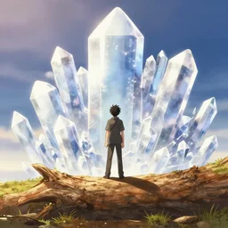 isekai masterpiece anime man standing tree log looking up at giant crystals, high noon, cinematic, very warm colors, intense shadows, ominous clouds, anime illustration, anime screenshot composite background by mandy jurgens, by irina french, by rachel walpole, by alyn spiller