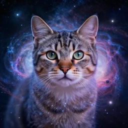 cat portrait blended with a celestial epic vibrant cinematic fantasy space image of a sparkling ethereal oceanic silky cosmic universe, celestial cosmos, nasa photos, artstation
