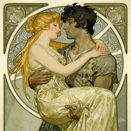 a dark hair man holding a blonde woman, art nouveau, highly detailed