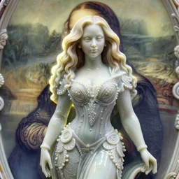 a closeup photo - real delicate ceramic porcelain sculpture of an ornate detailed beyonce in front of a intricate background by davinci, micro detail, backlit lighting, subsurface scattering, translucent, thin porcelain, octane renderer, colorful, physically based rendering, trending on cgsociety
