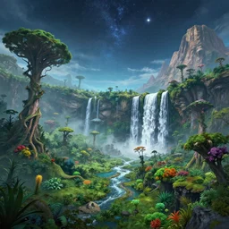 an alien landscape view, alien sky, star in the sky, alien waterfall, weird alien trees, alien colorful greenery, alien mountains, epic composition, 4 k, detailed, realistic