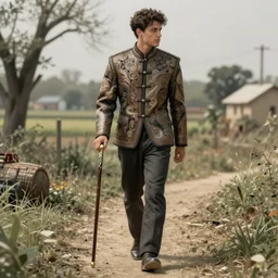 a handsome young man holding a adorned cane. walking in a rural area. intricate, elegant, highly detailed, digital painting, artstation, concept art, sharp focus, illustration, by justin gerard and artgerm, 8 k