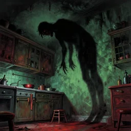cinematic colorful horror artwork by artgerm, beksinski, wlop, bernie wrightson ; shadow of rotten man falling on kitchen wall ; long black figure shapow ; low angle ground level view ; dark ominous scary, 8 k hdr, creepy intricate ; volumetric dramatic lighting, insanely detailed, haunting