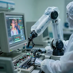 a close up of a boxy robotic arm with large translucent garments operating a broken computer, hospital, blinking leds, color photo, various levels of details, 5 0 mm sigma lens, high aperture