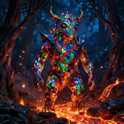 maximalist creature made out of stained glass, dark scene illuminated by lava rivers and fireflies, thomas cole, octane render, 4 k, ray tracing, specular highlights, 4 k, desktop wallpaper, trending on artstation