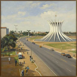 an oil painting of the streets of Brasilia in 1950, by Pedro Amencal