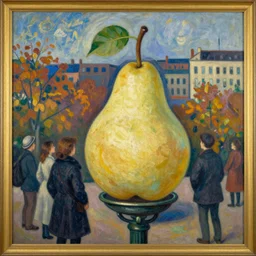 vintage beautiful painting of  city's torch being a giant pear, people looking at it in an autumn colour palette in Mary Cassatt style