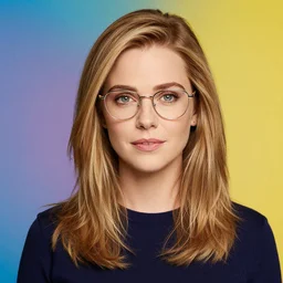 A colorful studio portrait of Sarah Michelle Gellar wearing elegant thin-rimmed glasses; f/1.4, 90mm