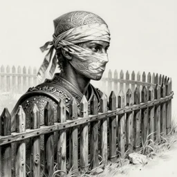 stockade, palisade, stake fence. warrior with bandages on the head. intricate, elegant, highly detailed, digital painting, artstation, concept art, sharp focus, illustration, by justin gerard and artgerm, 8 k