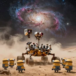 mars rover steampunk being worshipped by minions in a dust storm with a nebula in the background