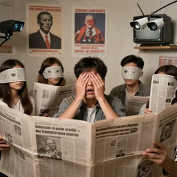 newspaper art of many people without eyes. one person does have eyes, a young man, frightened about what is going on around him. there are propaganda posters on walls, brainwashing televisions and cctv cameras s 1 5 0