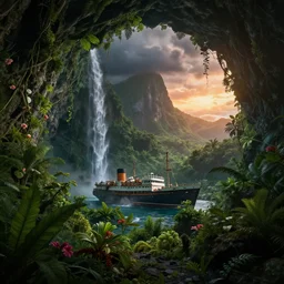 a shipwreck at the bottom of a caribbean jungle cave, lush flora, waterfall, mountains, dark towering clouds, flowers, vines, sunset, volumetric lighting, rtx on, washed out colors, an award winning digital render, beautiful, ultradetailed, great composition