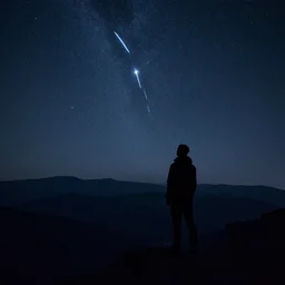a silhouette of a man watching a large shooting star in the mountains, by aaron horkey, extremely detailed, aesthetically pleasing composition