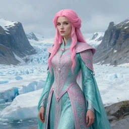 pink haired mage medium portrait, female, glacier landscape, norway, d & d, fantasy, intricate, elegant, highly detailed, digital painting, pink and teal color palette, artstation, octane render, concept art, matte, sharp focus, illustration, herrarthstone, art by artgerm and greg rutkowski and alphonse mucha