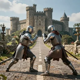 fight scene medieval road near castles, center camera composition, 1 0 0 mm, volumetric lighting, movie action scene, 8 k, lumen reflections, sharpened, insanely detailed and intricate, elegant, ornate
