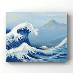 a painting of waves in the ocean with mountains in the background, canvas, acrylic paint, by katsushika hokusai, by andy warhol, pixiv