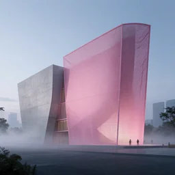 parametric architecture, museum, concrete, facede fabric and mesh in faded pink, morning fog, blue hour, archviz, cgi, trending on artstation, corona renderer, unreal engine, ray tracing, 3 ds max, cinematic, city in the background