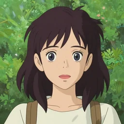 Character portrait of a young woman in a lush park, exaggerated facial features, pronounced eyes, highly detailed, cel shading, Kyoto Animation and Studio Ghibli still, by Ilya Kuvshinov and Murata Range