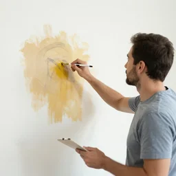 a man painting a self portrait on a wall