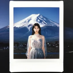 a instax photo of fuji mountain, a tall japanese girl in a transparent sheer fabric dress against the background of fuji mountain, perfect faces, fine details, severe snow, full body shot, perfect symmetrical body, coherent symmetrical eyes, by peter kemp, by monia merlo, hyperrealistic, hyperdetailed, octane render, 8 k