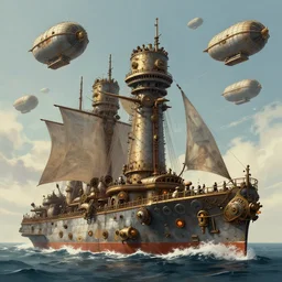a massive steampunk warship setting sail, an armada of airships flying above, style of alexandre chaudret, concept art, illustration, featured on artstation