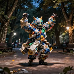 a monster made from scraps of garbage bags dances at night in an old park