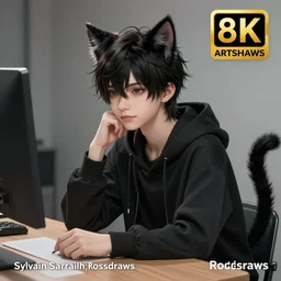 character portrait of emo boy with cat ears and tail at a table, by sylvain sarrailh, rossdraws, hyper detailed, ultra detailed, mid - shot, medium shot, fantasy!!! artwork!!!, 8 k, studio light, trending on artstation, award winning, very beautiful.
