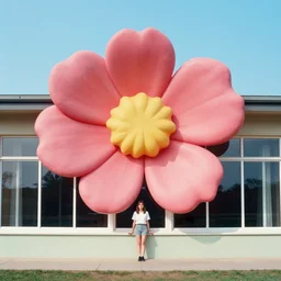 giant flower head, girl standing by 1 9 6 0 window, surreal photography, symmetry, mid century, flat perspective, bright colours, blue sky, realistic, wes anderson