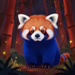 Blue Panda with a sparkle multi-colored eyes on in a ruby-colored bamboo forest, fireflies are in the air, night