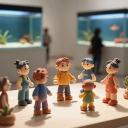 plasticine model of stop motion figures clay. minimal. tilt shift. fish tank in. gallery. visitors. photorealistic.